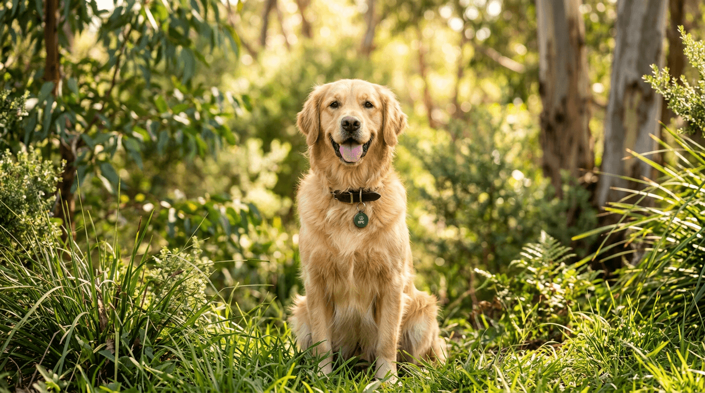 Happy golden retriever wearing a FoundYa NFC pet tag in an Australian garden